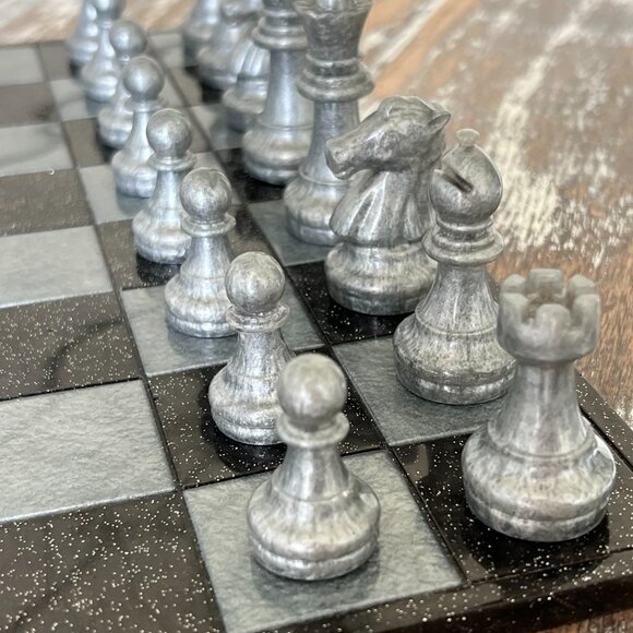 Black Glitter and Metallic Gray Silver Chess Board Game with Velvet Bag 32 piece - Picture 4 of 9